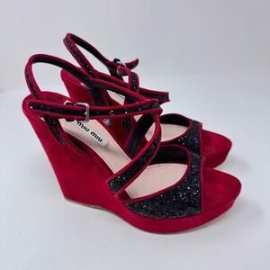 Miu Miu Red Suede & Black Glitter Strappy Wedge Sandals Size 38.5